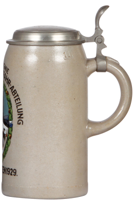 Military stein, 1.0L, stoneware, 1. Komp., 7. [Bayerische] Kraftfahr Abteilung, 1929, pewter lid, slight pewter tear, body mint. - 2