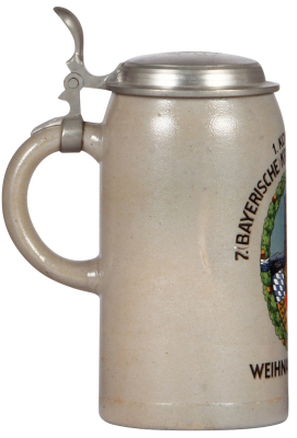 Military stein, 1.0L, stoneware, 1. Komp., 7. [Bayerische] Kraftfahr Abteilung, 1929, pewter lid, slight pewter tear, body mint. - 3