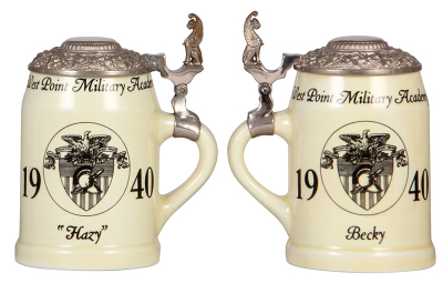 Two porcelain steins, .5L, transfer & hand-painted, marked Nassau China Company Trenton N.J., West Point Military Academy 1940, lidded, mint. 