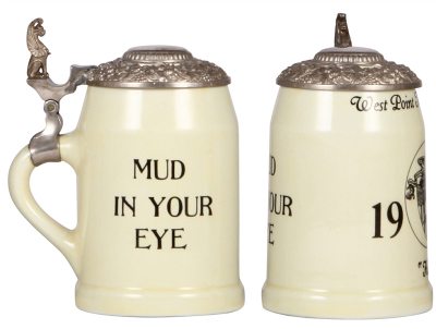 Two porcelain steins, .5L, transfer & hand-painted, marked Nassau China Company Trenton N.J., West Point Military Academy 1940, lidded, mint.  - 2