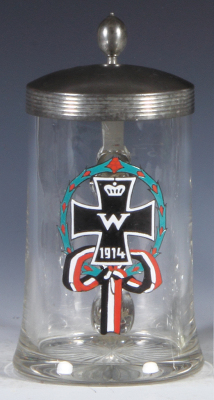 Military stein, .5L, glass, enameled, Iron Cross, 1914, pewter lid, mint.