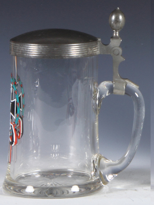 Military stein, .5L, glass, enameled, Iron Cross, 1914, pewter lid, mint. - 2