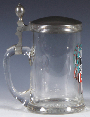 Military stein, .5L, glass, enameled, Iron Cross, 1914, pewter lid, mint. - 3