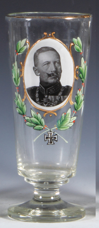 Glass beaker, .5L, 8.0" ht., transfer & enameled Wilhelm II, minor scratches.