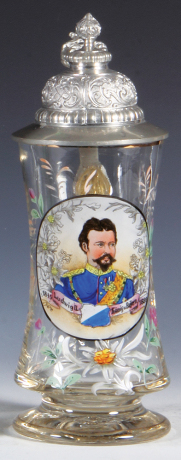 Glass stein, .5L, blown, clear, transfer & hand-painted, Ludwig II König v. Baÿern, pewter lid, mint. 