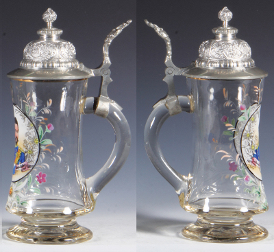 Glass stein, .5L, blown, clear, transfer & hand-painted, Ludwig II König v. Baÿern, pewter lid, mint.  - 2