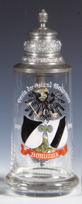 Glass stein, .4L, blown, transfer & hand-painted, Verein der Ost und Westpreußen, gegr. 1907, Borussia, Karl Ferner, Strassburg i.E., pewter lid, mint.