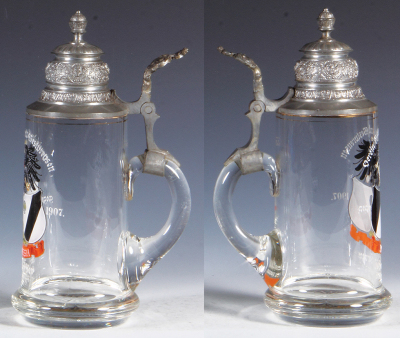 Glass stein, .4L, blown, transfer & hand-painted, Verein der Ost und Westpreußen, gegr. 1907, Borussia, Karl Ferner, Strassburg i.E., pewter lid, mint. - 2