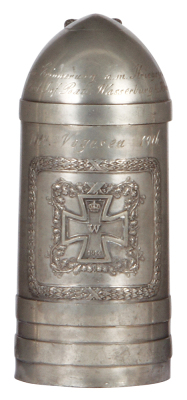 Character stein, .5L, pewter, design by F. Ringer, Artillery Shell, 1914 Iron Cross, engraved: Inft. Batl. Wasserburg, 4. Komp., Zur Erinnerung a.m. Kriegszeit, 1914 - 1916, named to: Vogesen, minor scratches.