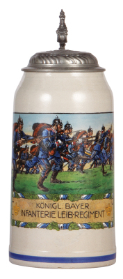 Military stein, 3.0L, 13.8'' ht., stoneware, transfer & hand-painted, Kgl. bayer. Inft. Leib Regt., relief pewter lid: I. L.R. & crown, very rare size, mint.