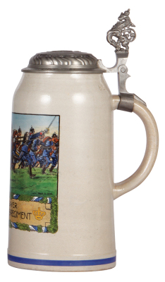 Military stein, 3.0L, 13.8'' ht., stoneware, transfer & hand-painted, Kgl. bayer. Inft. Leib Regt., relief pewter lid: I. L.R. & crown, very rare size, mint. - 2