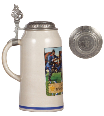 Military stein, 3.0L, 13.8'' ht., stoneware, transfer & hand-painted, Kgl. bayer. Inft. Leib Regt., relief pewter lid: I. L.R. & crown, very rare size, mint. - 3