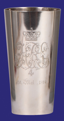 Silver beaker, 6.1" ht., marked 800, 305 grams, Seinem Scheidenden Kameraden dem Major von Byern das Offizierscorps des Husaren Regiments von Schill [1. Schlesisches] No. 4., roster of ofiicers, 20. Mai 1896, very good condition.