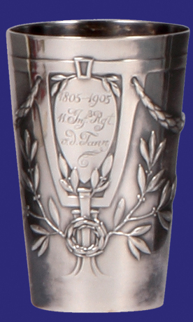 Silver beaker, 3.6" ht., marked 800, 135 grams, 1805 - 1905, 11. Inf. Regt. v. D. Tann [Bavarian], relief & engraved, mint.