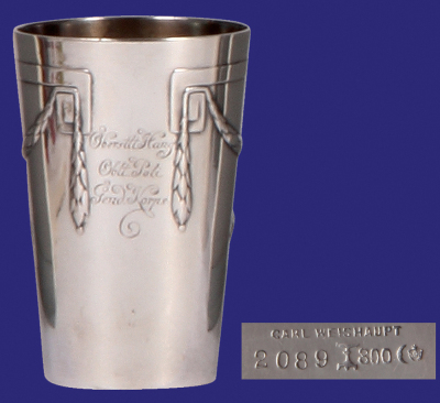 Silver beaker, 3.6" ht., marked 800, 135 grams, 1805 - 1905, 11. Inf. Regt. v. D. Tann [Bavarian], relief & engraved, mint. - 3