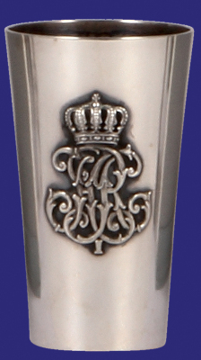 Silver beaker, 3.7" ht., marked 800, 85 grams, regimental epaulet, in relief, roster in rear, mint.