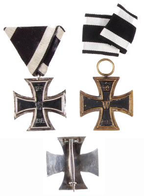 Three Iron Crosses, 1.7” x 1.7”, 1914, First Class, marked 800 [silver], very good condition; 1914, Second Class, with ribbon, good condition; 1914, Second Class, brass, with a loose ribbon, some wear. - 2