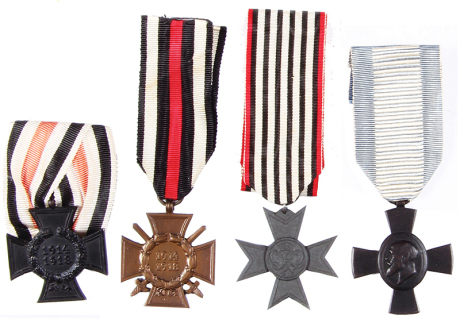 Four German medals, 1.5” x 1.5”, Honor Cross of World War I with swords; Honor Cross of World War I for non-combatants, without swords; Merit Cross for War Aid [Verdienstkreuz für Kriegshilfe]; bronze medal 7.1.1916, all good condition.