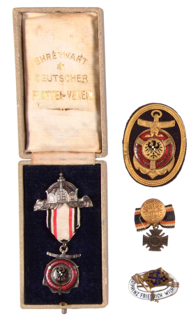 Four Marine pins, .6” to 2.2”, cloth & enamel, Deutscher Flotten-Verein; enameled, Deutscher Flotten-Verein, with box; enameled, d. Prinz Friedrich Wilhelm; with a button & ribbon, Marine Korps, 1914 – 1918, all in good condition.