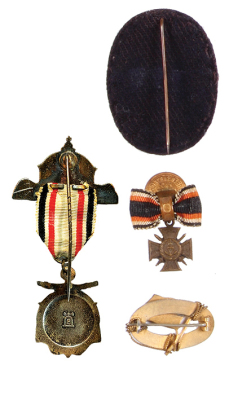 Four Marine pins, .6” to 2.2”, cloth & enamel, Deutscher Flotten-Verein; enameled, Deutscher Flotten-Verein, with box; enameled, d. Prinz Friedrich Wilhelm; with a button & ribbon, Marine Korps, 1914 – 1918, all in good condition. - 2