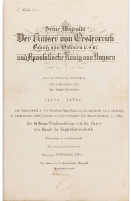 Austrian medal, 2.2” x 1.4”, Silver Merit Cross with Crown [Silbernes Verdienstkreuz mit Krone], by F. Braun of Vienna, c.1917, excellent condition, with certificate dated 8. November 1916 der Armee-Schwester, Berta Brühl, good condition with fold marks. - 4