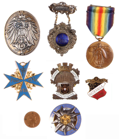 Eight medals & pins, .8" to 2.6", some are enameled, reproduction Pour Le Merite, made late 1900s; Wiener Bürger Vereinigung; 25 Jahre Mitglied Alpenvereins, D.A.V.; Radf. Ver. Niederaula 1901; Radfhr. Ver. Rain a/Lech, 1. Preis; Telegraph - Post emblem;