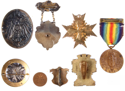 Eight medals & pins, .8" to 2.6", some are enameled, reproduction Pour Le Merite, made late 1900s; Wiener Bürger Vereinigung; 25 Jahre Mitglied Alpenvereins, D.A.V.; Radf. Ver. Niederaula 1901; Radfhr. Ver. Rain a/Lech, 1. Preis; Telegraph - Post emblem; - 2