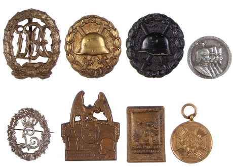 Eight medals, 1.1” to 1.5”, German & Austrian military pins & medals, 1871 - 1932, some wear, most good condition.