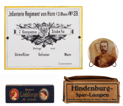 Four assorted items, 8.5" x 7.0", enameled sign, Inft. Regt 29, very good condition; 3.5" d. pin, Prince Henry, discolored; Unsere Lieblinge, M. Hohner Harmonicas, original box, very good condition; Hindenburg Spar-Lampen, with original box, wear to box.