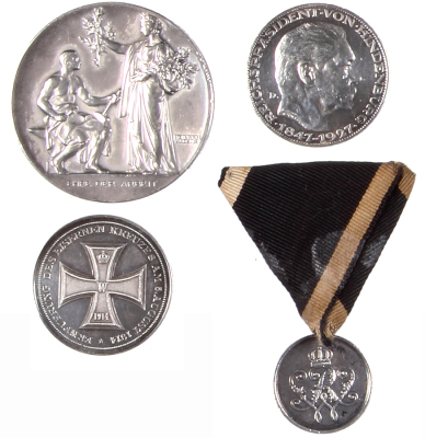 Four silver medals, .9”d. to 1.9” d., Faithful Service in the Bavarian Industrial Association, marked C. Poellath, Schrobenhausen, 990 [silver]; Prussian, Warrior Merit medal, Krieger-Verdienst; Reichspräsident von Hindenburg, 1847 – 1927, silber 900; 191