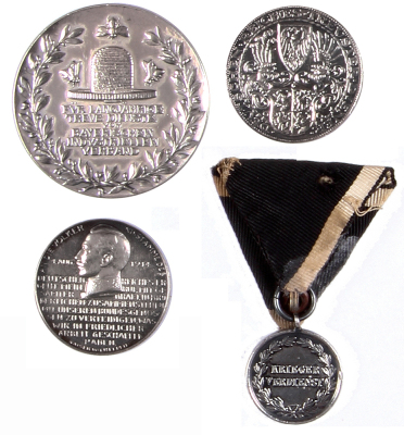 Four silver medals, .9”d. to 1.9” d., Faithful Service in the Bavarian Industrial Association, marked C. Poellath, Schrobenhausen, 990 [silver]; Prussian, Warrior Merit medal, Krieger-Verdienst; Reichspräsident von Hindenburg, 1847 – 1927, silber 900; 191 - 2