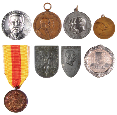 Eight pins & medals, .8” x 1.4”, includes Friedrich August Medaille; Offiziers Reunion Bregenz 1914; National Flugspende 1912; Drei Kaiserjahr 1888; P. von Hindenburg, Mai 1925; etched portrait of Hindenburg; Windsheim; Feldzug, 4. Armee, 1914 - 1916, mos