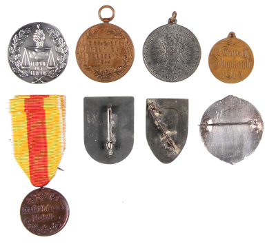 Eight pins & medals, .8” x 1.4”, includes Friedrich August Medaille; Offiziers Reunion Bregenz 1914; National Flugspende 1912; Drei Kaiserjahr 1888; P. von Hindenburg, Mai 1925; etched portrait of Hindenburg; Windsheim; Feldzug, 4. Armee, 1914 - 1916, mos - 2