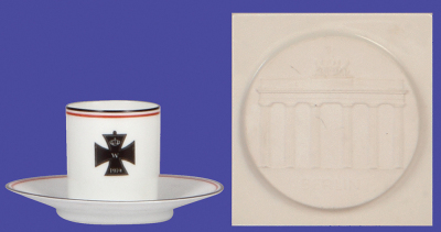 Porcelain cup & saucer, 2.1" ht., marked B, 1914, Iron Cross, mint; with, porcelain plaque, 3.7" x 3.9", marked with scepter, Berlin, mint.