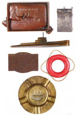 Six assorted ship items, copper ashtray, Norddeutscher Lloyd; copper ashtray, Deutschland; bronze paperweight, U Boot, bronze plaque, Sternfahrt zu den Motorsporttagen Hamburg, 1928; silver-plated note holder, Hamburg Amerika Linie; mini-life preserver, S - 2