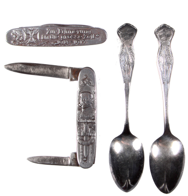 Three silver items, two spoons, 5.8" l., Kaiser & Kaiserin; with knife, v. Hindenburg, Zur Erinnerung an die grosse Zeit, 1914 - 1917, all good condition. - 2