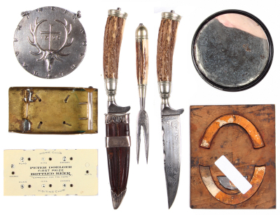 Seven assorted items, printer's mold: Clagett's Ettra Stout; mirror Hop Merchant's; Peter Doelger Bottled Beer Baseball score counter; brass belt buckle; Bayer. Jäger Woche 1925 medallion; knife & fork, horn handles, good used condition. - 2